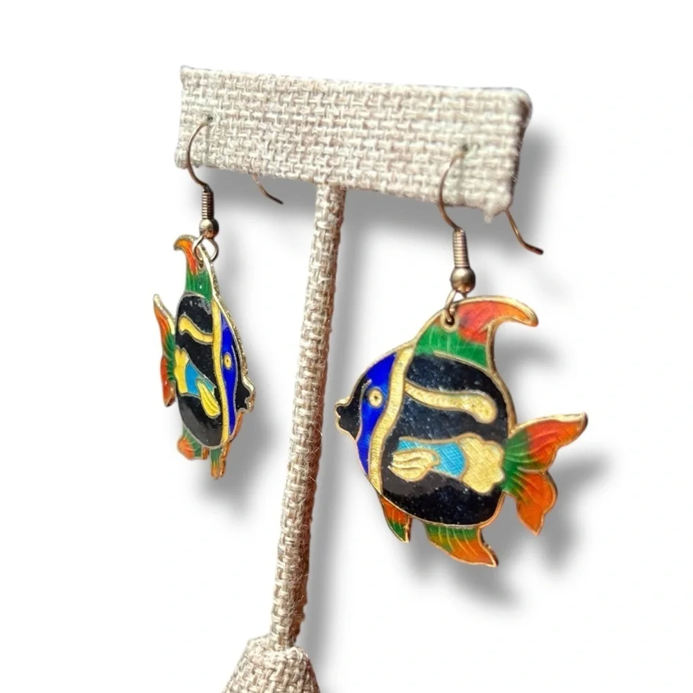 Vintage Cloisonné Colorful Tropical Fish Hook Earrings